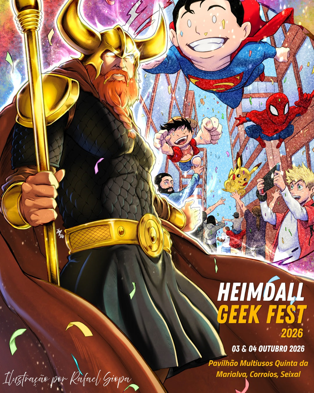 Cartaz do Heimdall Geek Fest 2026, a 3 e 4 de outubro no Parque Multiusos da Quinta da Marialva, em Corroios