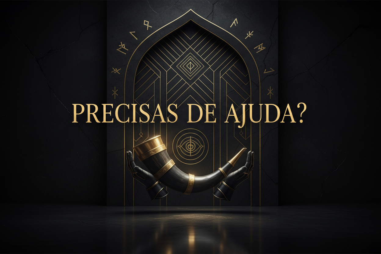 gera uma imagem do estilo nórdico, heimdall, com o texto: Precisas de ajuda?. Esta imagem será o banner da página de contactos e apoio ao clinete, pelo que a imagem tem de se relacionar com isso