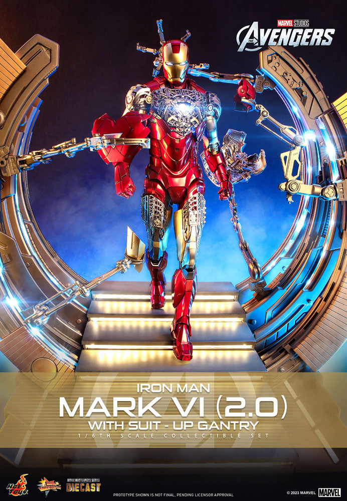 Action figure pressofusa Marvel The Avengers Movie Masterpiece 1/6 Iron Man Mark VI (2.0) con portale per la tuta, 32 cm