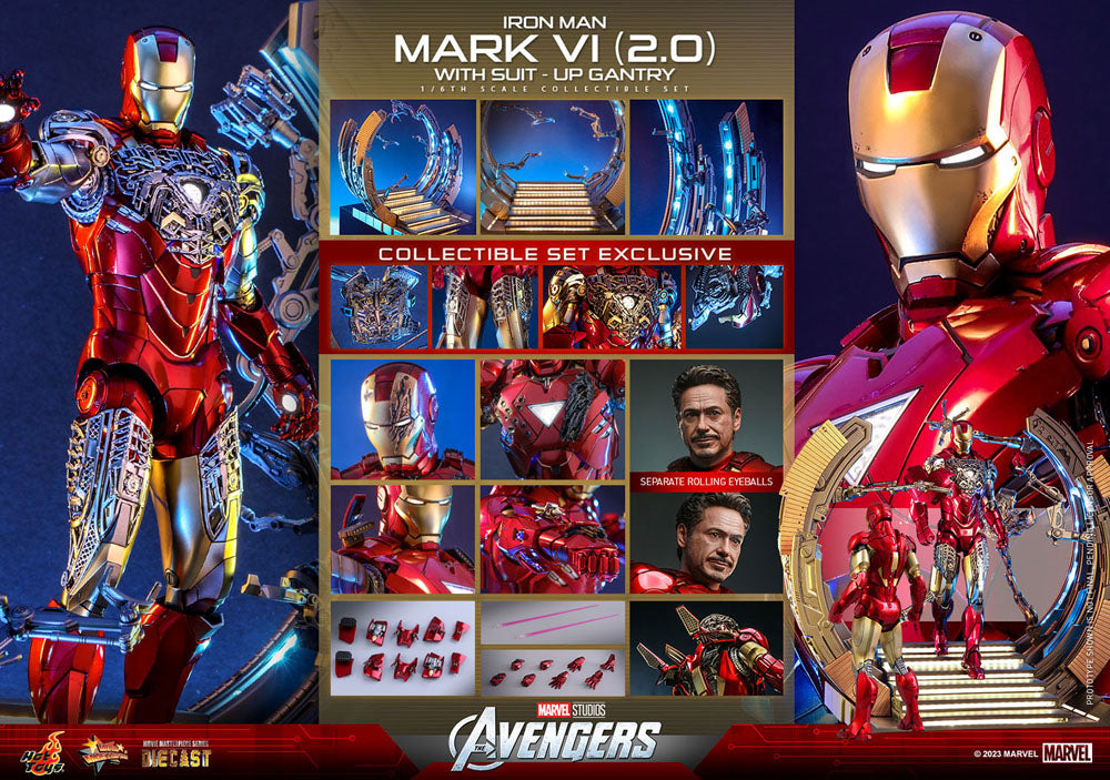 Action figure pressofusa Marvel The Avengers Movie Masterpiece 1/6 Iron Man Mark VI (2.0) con portale per la tuta, 32 cm
