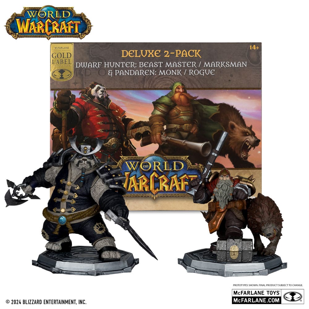 Statuetta in PVC di World of Warcraft, confezione da 2, scala 1/12, Cacciatore di nani: Maestro delle bestie e Pandaren: Monaco (etichetta dorata), 15 cm