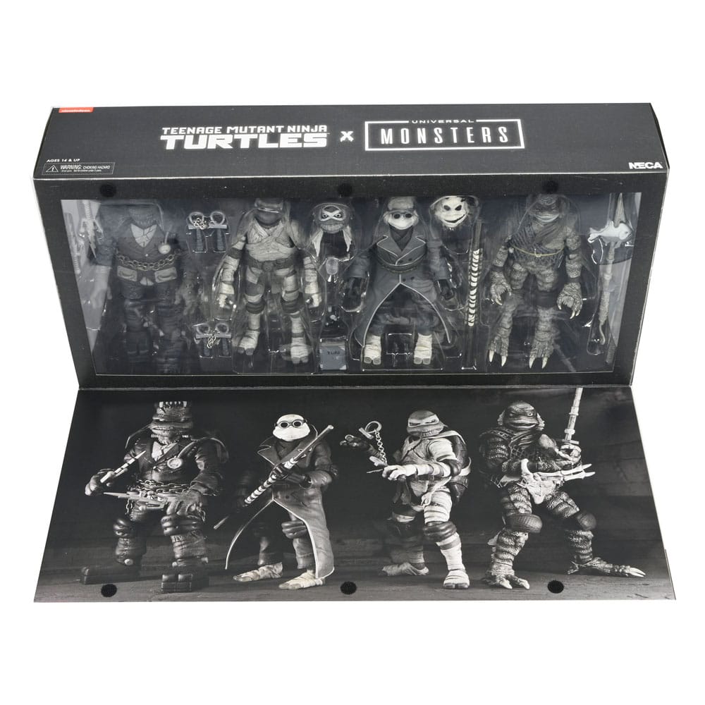 Action figure Universal Monsters x Teenage Mutant Ninja Turtles, confezione da 4, Tartarughe nere e bianche, 18 cm