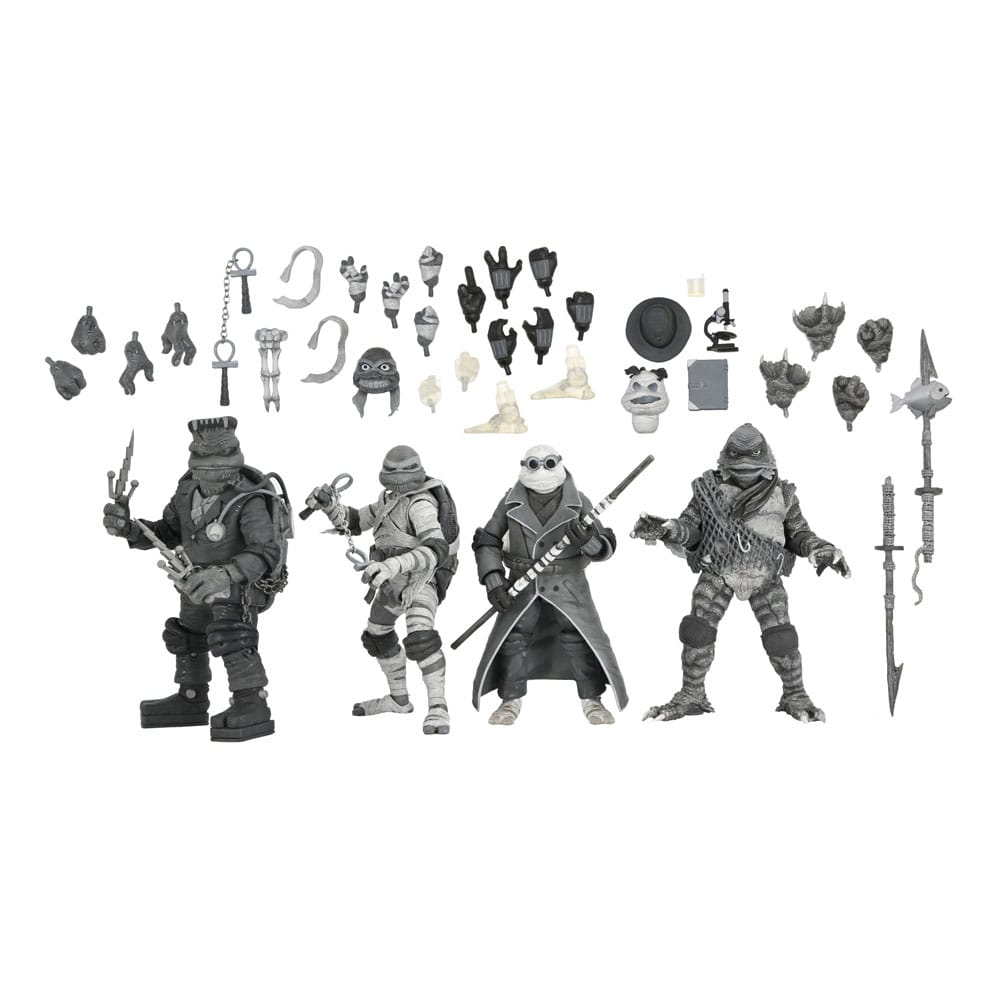 Action figure Universal Monsters x Teenage Mutant Ninja Turtles, confezione da 4, Tartarughe nere e bianche, 18 cm