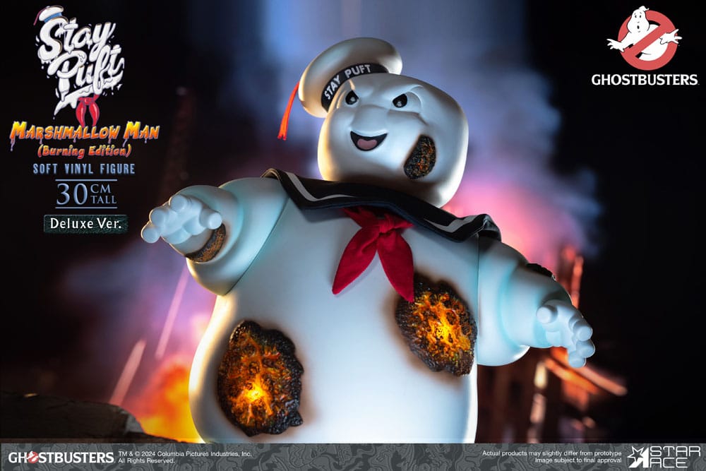 Statua in vinile morbido Ghostbusters Stay Puft Marshmallow Man Burnign Edition Versione Deluxe 30 cm